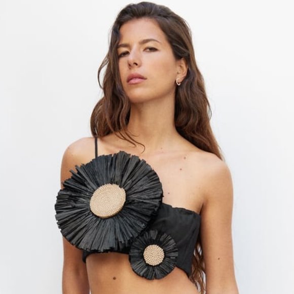 🦋 Bloggers Favorite 🦋 NWT ZARA LINEN BLEND RAFFIA FLOWER TOP SIZE M - Picture 14 of 17